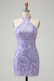 Halter Light Purple Sequin Bodycon Short Homecoming Dress