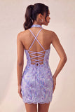 Halter Light Purple Sequin Bodycon Short Homecoming Dress