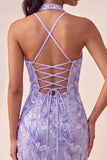Halter Light Purple Sequin Bodycon Short Homecoming Dress
