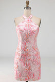 Halter Light Purple Sequin Bodycon Short Homecoming Dress