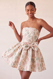 Light Blue Strapless Jacquard A Line Homecoming Dress with Bow