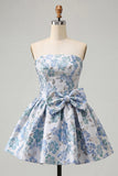 Light Blue Strapless Jacquard A Line Homecoming Dress with Bow