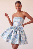Light Blue Strapless Jacquard A Line Homecoming Dress with Bow
