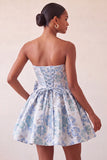 Light Blue Strapless Jacquard A Line Homecoming Dress with Bow