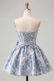 Light Blue Strapless Jacquard A Line Homecoming Dress with Bow