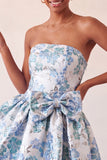 Light Blue Strapless Jacquard A Line Homecoming Dress with Bow