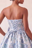Light Blue Strapless Jacquard A Line Homecoming Dress with Bow