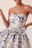 Light Blue Strapless Jacquard A Line Homecoming Dress with Bow