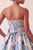 Light Blue Strapless Jacquard A Line Homecoming Dress with Bow