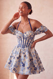 Light Pink Halter Jacquard A Line Corset Homecoming Dress with Lace-up Back
