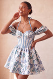 Light Pink Halter Jacquard A Line Corset Homecoming Dress with Lace-up Back