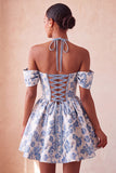 Light Pink Halter Jacquard A Line Corset Homecoming Dress with Lace-up Back