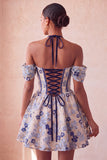 Light Pink Halter Jacquard A Line Corset Homecoming Dress with Lace-up Back