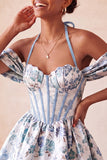 Light Pink Halter Jacquard A Line Corset Homecoming Dress with Lace-up Back