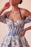 Light Pink Halter Jacquard A Line Corset Homecoming Dress with Lace-up Back