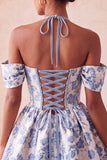Light Pink Halter Jacquard A Line Corset Homecoming Dress with Lace-up Back