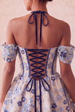 Light Pink Halter Jacquard A Line Corset Homecoming Dress with Lace-up Back