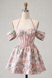Light Pink Halter Jacquard A Line Corset Homecoming Dress with Lace-up Back