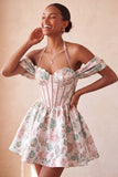 Light Pink Halter Jacquard A Line Corset Homecoming Dress with Lace-up Back
