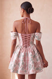 Light Pink Halter Jacquard A Line Corset Homecoming Dress with Lace-up Back