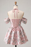Light Pink Halter Jacquard A Line Corset Homecoming Dress with Lace-up Back