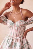 Light Pink Halter Jacquard A Line Corset Homecoming Dress with Lace-up Back