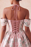 Light Pink Halter Jacquard A Line Corset Homecoming Dress with Lace-up Back