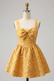 Yellow Jacquard Bow A Line Homecoming Dress with Lace-up Back