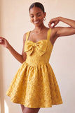Yellow Jacquard Bow A Line Homecoming Dress with Lace-up Back
