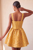 Yellow Jacquard Bow A Line Homecoming Dress with Lace-up Back