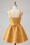 Yellow Jacquard Bow A Line Homecoming Dress with Lace-up Back