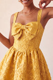 Yellow Jacquard Bow A Line Homecoming Dress with Lace-up Back