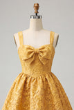 Yellow Jacquard Bow A Line Homecoming Dress with Lace-up Back