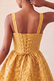 Yellow Jacquard Bow A Line Homecoming Dress with Lace-up Back