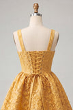 Yellow Jacquard Bow A Line Homecoming Dress with Lace-up Back