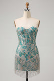 Lake Blue Jacquard Sweetheart Corset Fringed Bodycon Homecoming Dress
