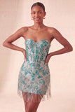 Lake Blue Jacquard Sweetheart Corset Fringed Bodycon Homecoming Dress