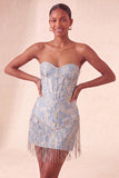 Lake Blue Jacquard Sweetheart Corset Fringed Bodycon Homecoming Dress