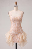 Champagne Jacquard Square Neck Ruffle Homecoming Dress with Lace-up Back