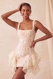 Champagne Jacquard Square Neck Ruffle Homecoming Dress with Lace-up Back