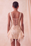 Champagne Jacquard Square Neck Ruffle Homecoming Dress with Lace-up Back