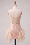 Champagne Jacquard Square Neck Ruffle Homecoming Dress with Lace-up Back