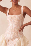 Champagne Jacquard Square Neck Ruffle Homecoming Dress with Lace-up Back