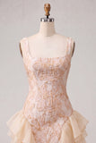 Champagne Jacquard Square Neck Ruffle Homecoming Dress with Lace-up Back