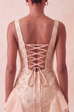 Champagne Jacquard Square Neck Ruffle Homecoming Dress with Lace-up Back