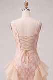 Champagne Jacquard Square Neck Ruffle Homecoming Dress with Lace-up Back