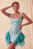 Champagne Jacquard Square Neck Ruffle Homecoming Dress with Lace-up Back