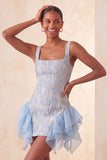 Champagne Jacquard Square Neck Ruffle Homecoming Dress with Lace-up Back