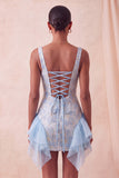 Champagne Jacquard Square Neck Ruffle Homecoming Dress with Lace-up Back