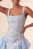 Champagne Jacquard Square Neck Ruffle Homecoming Dress with Lace-up Back